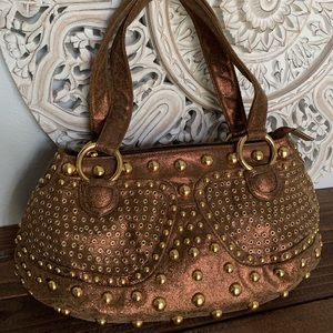 Babee D Brown Leather Purse Bag Gold Studs